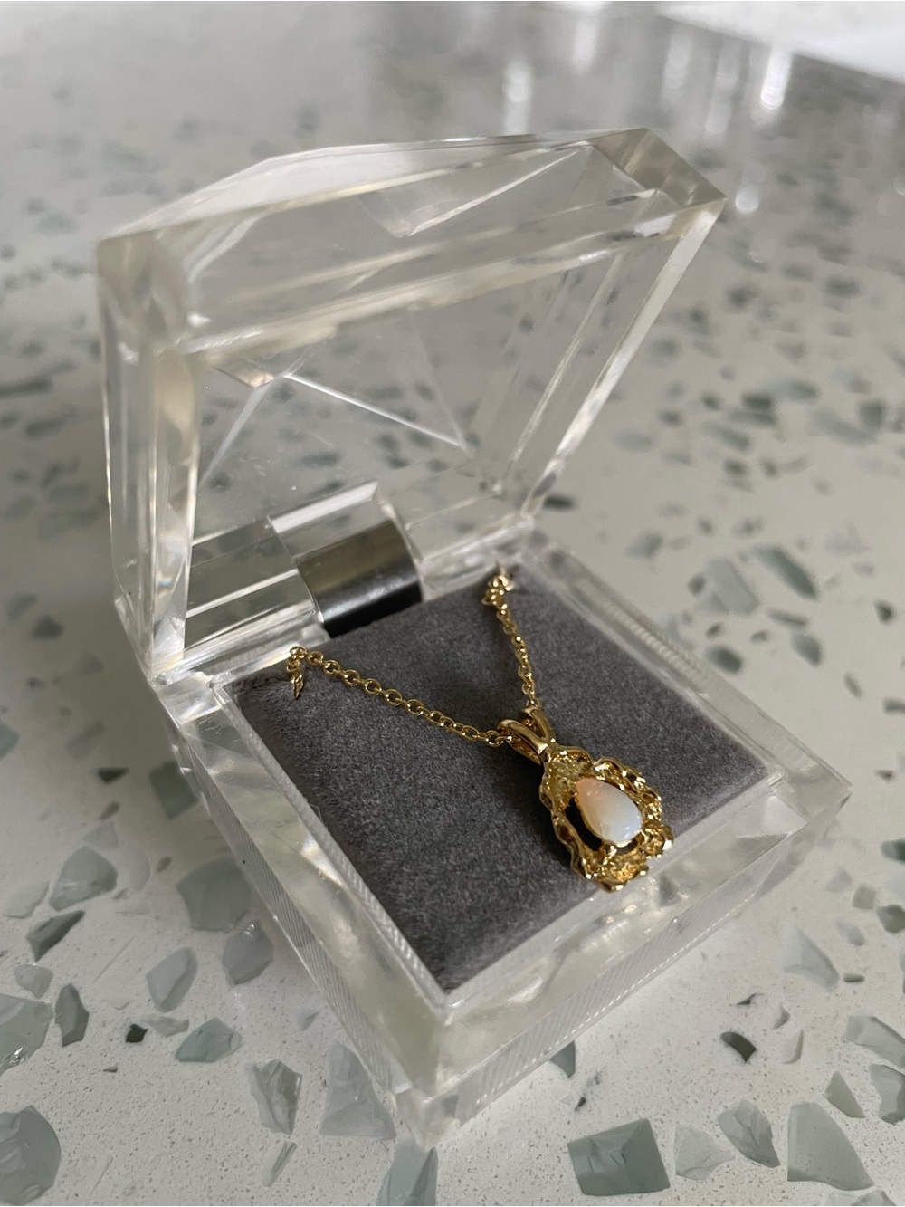 Gold Nugget with impressed Opal Teardrop Pendant Necklace